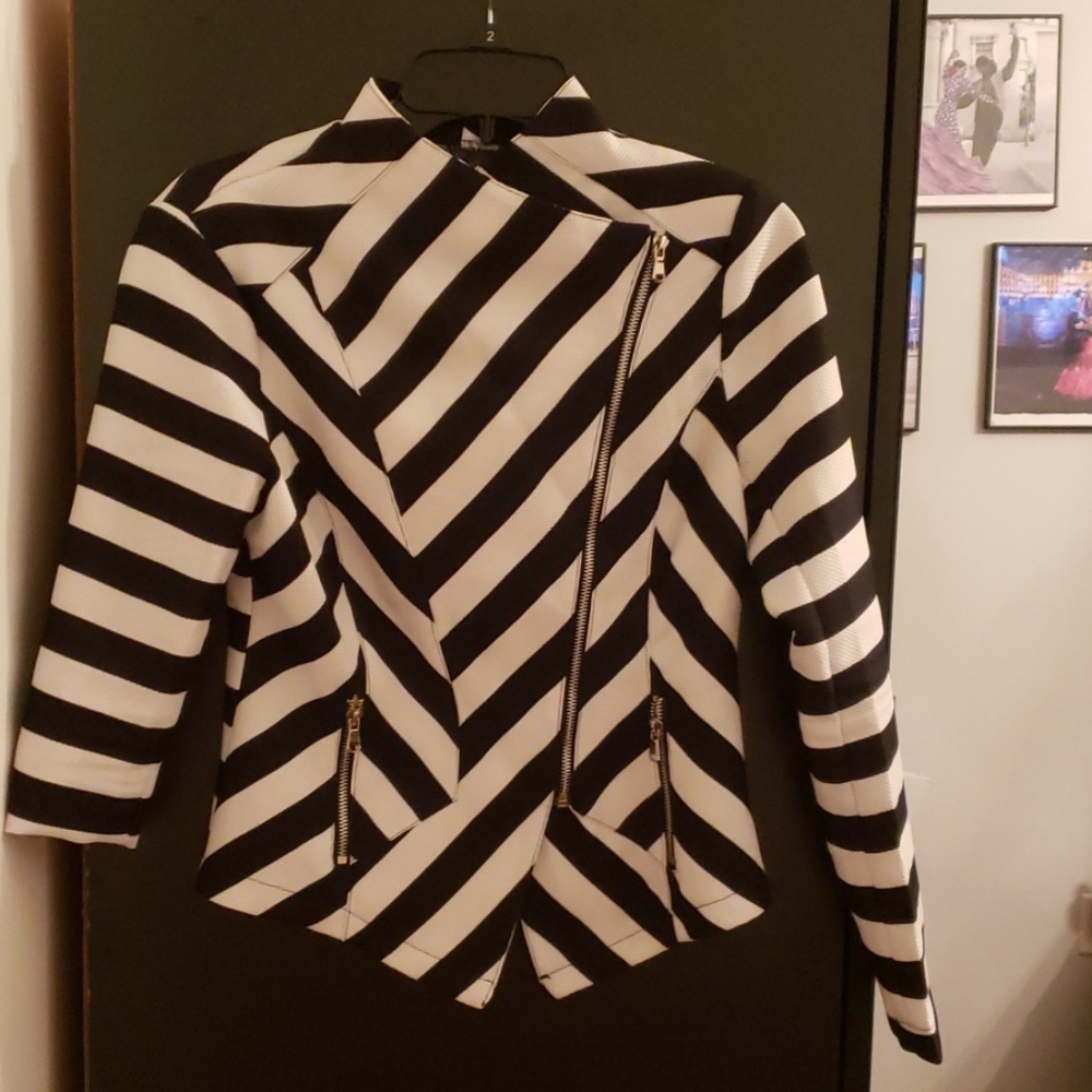 Black & White Striped Asymmetrical Zip Blazer